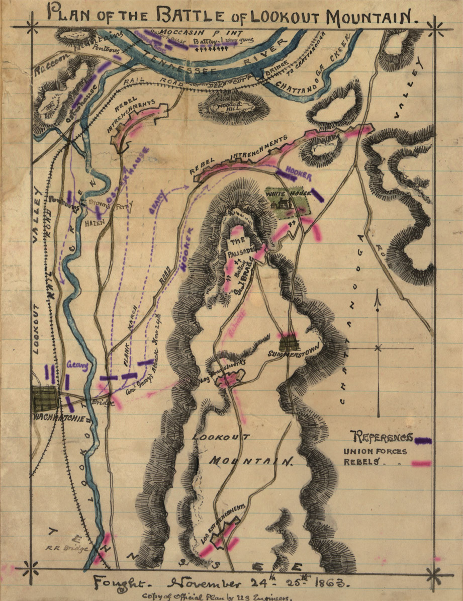 PLAN OF THE BATTLE OF LOOK OUT MOUNTAIN MOCCASIN PINT Raccoon hicantains Poortoours TENNESSEE RIVER Osterhouse Batteny-l sary guns RAIL ROAD DEEP CUT BRIMOE TO CNATTANOOGA CHATTANOOGA CHEEK VALLEY REDEL INTRENCHMENTS WOODED HILL REBEL INTRENCHMENTS VALLEY LOOKOUT CREEK Brmns Ferry HAZEN OSTER HAUSE EARY Geans FLANK MARCH Gess geary’s Attack Nov 24th Bridge WACHHATCHIE T E RR Bridge HOOKER HOOKER WHITE HOUSE THE PALISADES Battery geak BRAGG Log Breastearks SUMMERSTOWN LOOKOUT MOUNTAIN LOG ENTRENCNMENTS TENNSSEE VALLEY RO CHATTANOOGA REFERENCE UNION FORCES REBELS. Fought. November 24th- 25th. 1863. Copy of Official Plam by Us Engineers.