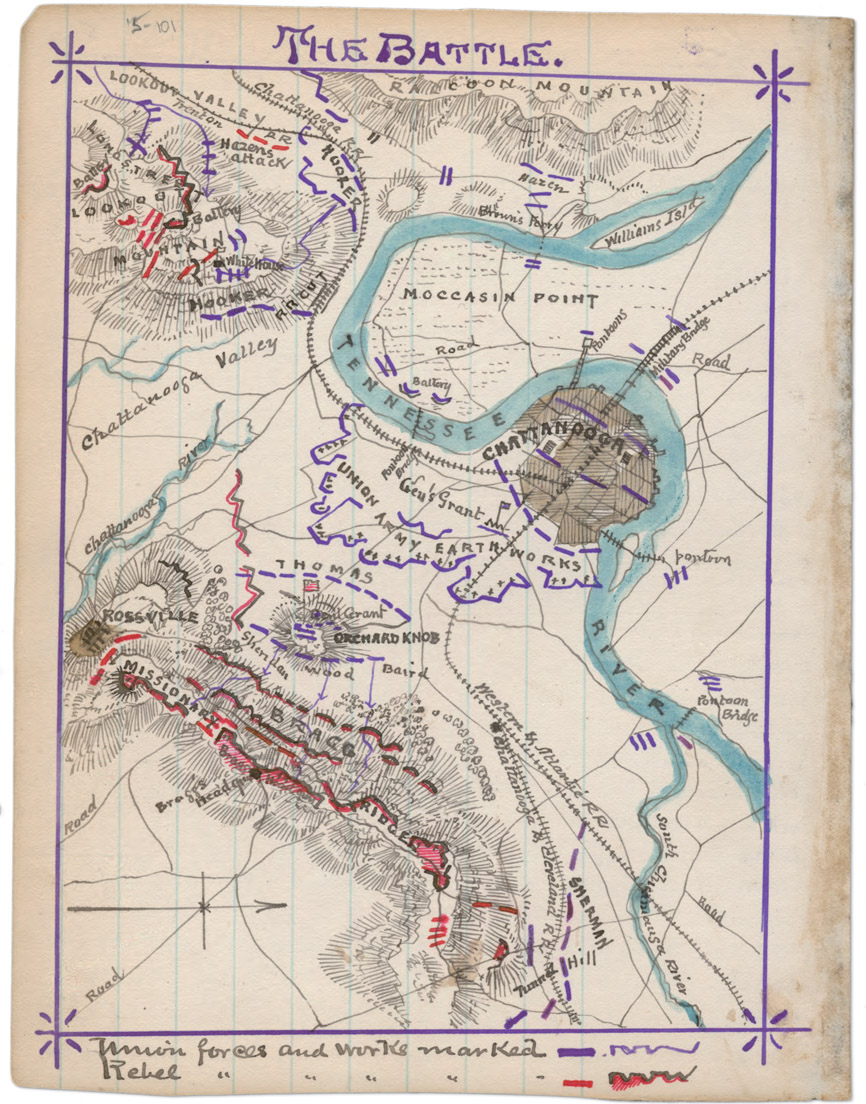 THE BATTLE. LOOKO VALLEY Trentan RR Chattanooga RR RNNCCOON MOUNTAIN Hazens attack battery Lomostree lookoott MOUNTAIN WHITE HOUSE HOORER HAZEN BHOUN’S FORRY WILLIAMS ISLOT Chattanooga valley RR cut hooker MOCCASIN POINT Bttery Pontoons Military Bridge Road TENNESSEE CHATTANOOSA RIVER foulooh Bridge Geu’s grant Milatary Bridge Road CHATTANOOCA UNION ARMY EARTH WORKS PONTOON ROSSVILLE THOMAS GRANT ORCHARD KNOE Sheridan wood Baird RIVER MISSIONARY BRAGS FONTOON BRIDGE ROAD Braggs Head gree Bridge Western & Atlantic RR Baird sherman South Cheanausa River Tunned Hill Union forces and works marked Rebel