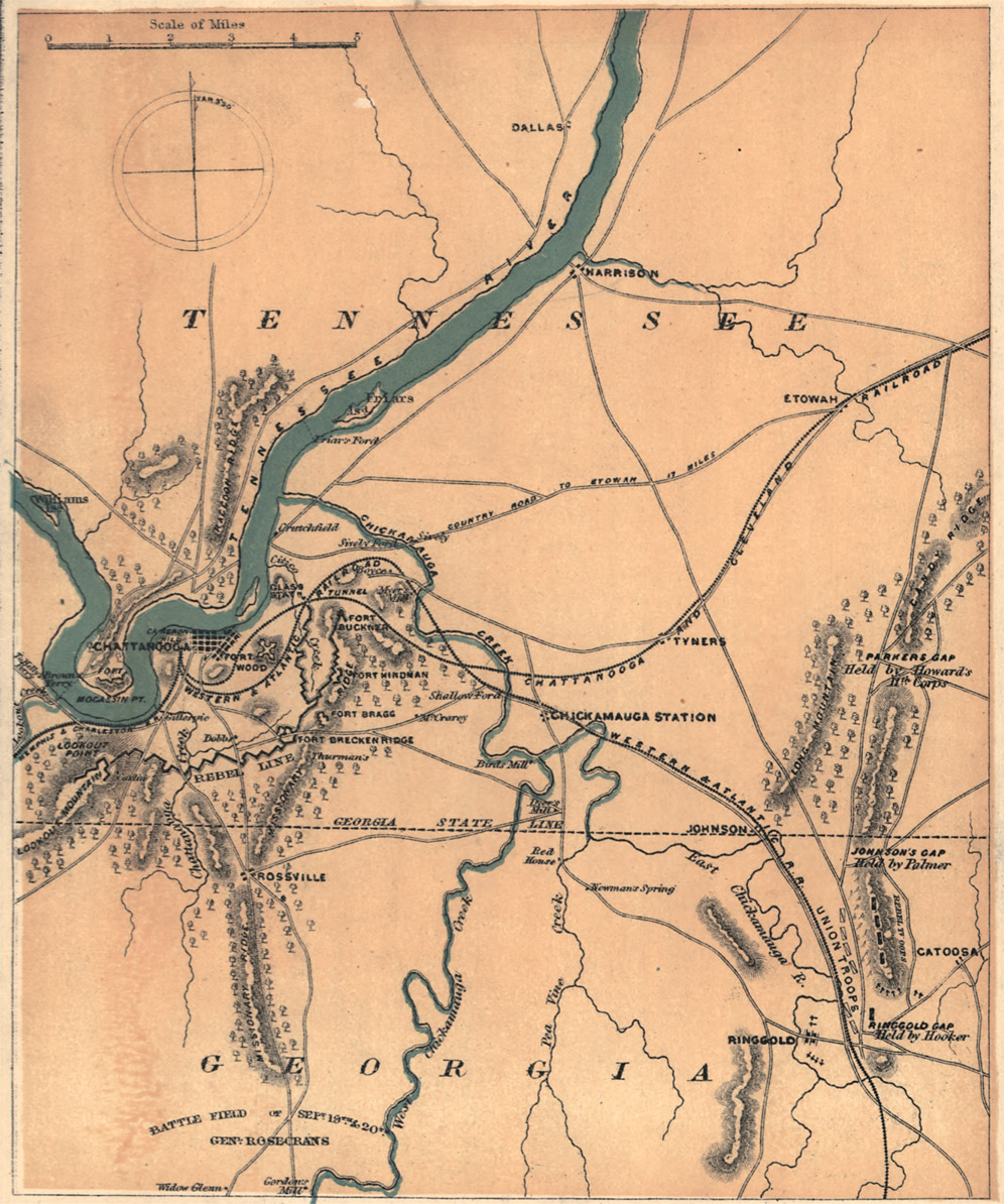 Scale of Miles 2 var 330 DALLASS TENNESSEE tennessee river HARRISON Friars isd friar’s ford RACCOON RIDGER Williams ISd Grutdfield citico glass state siveily ford railroad boyce tunnel mver’s men fort buckner chickanauga sively country road to etowam it miles CHATTANOOGA FORT WOOD FORT MOGASSIN PT. WESTERN & ATLANTIC FORT BUCKNZER FORT HINDMAN Shellew Ford McCrarey FORT BRAGG LOOKOUT POINT Dobbi Frrak REBEL LINE FORT BRECKENRIDGE Thurman’s LOOK LOOK OUT MOUNTAIN GEROGIA STATE ROSSVILLE E TOWAH RAIL ROAD CLEVELAND CANDY RYDGE PARKERS GAP Held by Howard’s IIth corps LONG MOUNTAIN CHICKAMAUGA STATION WESTERN & ATLANTIC R.R. CREEK CHATTANOOGA Birds Mill Dver’s Mill LINE JOHNSON GEORGIA STATE EAST Chickamanga R. RINGGOLD JOHNSON’S GAP Held by Palmer UNION TROOPS CATOOSA Newman’s spring Red House Greek Pea Vine Greek Chickamunga West GEORGIA BATTLE FIELD OF SEPT 19TH&20TH GEN ROSECRANS Widow Glenn. Gordon’s Mill