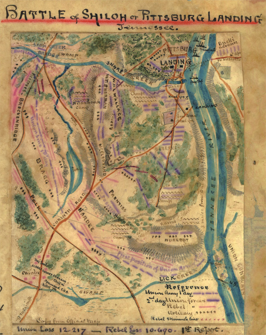 BATTLE of SHILOH or PITTSBURG LANDING Jennessee. LICK CREEK BRIDGE SWAMP Reserves-BREKENRIDGE PITTSBURG Transpoints Bnells advanee 6th ape TO Nashville LANDING SNAKE CREEK WILL WALLACE W.T. SHERMAN CREEK Camps Head LANDING Raring Dressers valley BRAGG Pond MCCLERNAND POLK CURINTH ROAD PRENTISS HARDEE maj geud ALBERT SYDNEY JOHNSON Chief Command cSA Killed 7th Taearinth Copy from Official map TENNESEE RIVER GEN GRAND HEAD GRSRESERVES HURLBUT 3 mils from out of lick check camps Ravine HURLBUT First position of Union Army LICK CREEK Reference union army 1st day 2nd day Union forces rebelartillerrs Rebel skimmesh hinb Union Loss 12.217 - Rebel Loss 10.6.90. 1st report.