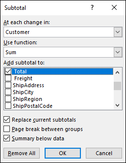 Subtotal dialog box with selected Customer and Sum at the drop-down list bars for At each change in and Use function, respectively, having a selected Total at options for Add subtotal to.