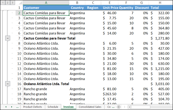 Spreadsheet displaying columns labeled Customer, Country, Region, Unit Price, Quantity, Discount, and Total with rows having bold fonts labeled Cactus Comidas para Ilevar Total and Oceano Atlantico Ltda. Total.