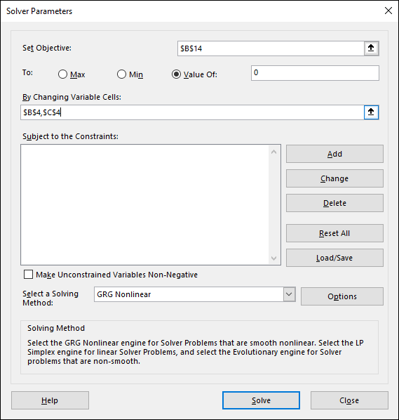 Completed Solver Parameters dialog box with Set Objective set to $B$14, To option set to Value of, By Changing Variable Cells set to $B$4,$C$4, and Select a solving Method set to GRG Nonlinear.