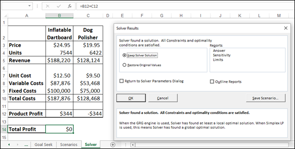 Excel worksheet displaying Solver Results dialog box with text “Solver found a solution. All Constraints and optimality conditions are satisfied.” and shaded bullet for Keep Solver Solution.