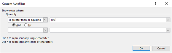 Custom AutoFilter dialog box displaying drop-down lists labeled Is greater than or equal to and 100 and a selected option button for And. OK button is being selected.