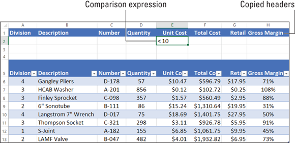 A spreadsheet displaying a table with a selected cell (E2) labeled < 10 (comparison expression) under unit cost column and copied headers such as gross margin, total cost, retail, number, description, and division.