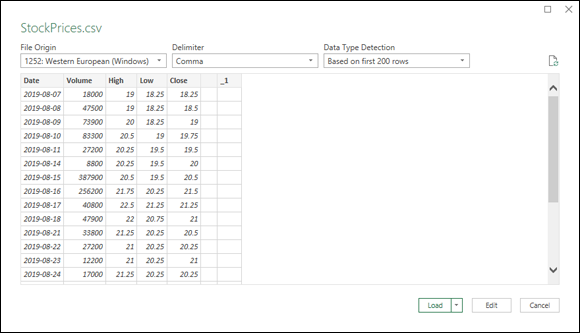 StockPrices.csv window displaying 3 drop-down boxes labeled 1252: Western European (Windows) for file origin, Comma for delimiter, and Based on… for data type detection. The list box displays a table with 2 unnamed columns.