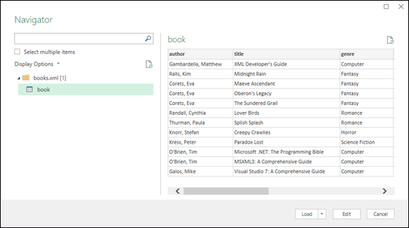 Navigator window displaying the expanded list for books.xml [1] folder with highlight on book file. On the preview pane is the table with 3 columns for author, title, and genre. Below it are 3 buttons with highlight on Load.