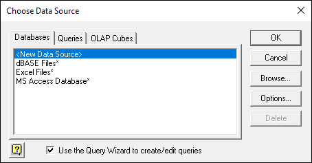 Choose Data Source Dialog box with selected Databases tab displaying <New Data Source> (highlighted), dBASE Files*, Excel Files*, and MS Access Database* options. OK, Cancel, and 2 other buttons are on the right.