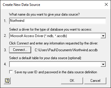 The completed Create New Data Source dialog box for the Northwind database, displaying a check box for Save my user ID and password in the data source definition and OK and Cancel buttons.