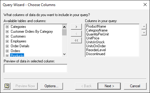 The completed Query Wizard - Choose Columns dialog box displaying the highlighted Products option and a list of options under Columns in your query category, including ProductName, CategoryName, and QuantityPerUnit.