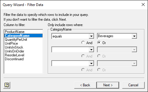 The Query Wizard - Filter Data dialog box displaying the highlighted CategoryName column in the Column to Filter list box and equals and Beverages in text boxes under CategoryName column.