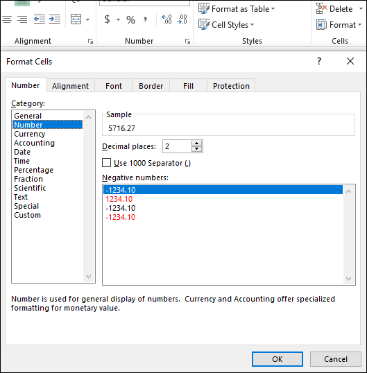 Snipped image of a window with Number tab selected displaying Number under Category selected, and -1234.10 under Negative numbers highlighted. At the bottom are OK and Cancel buttons, with OK selected.