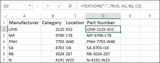 Snipped image of an Excel sheet with data entry fields labeled D2 and =TEXTJOIN(“-“,TRUE, A2, B2, C2). 4 Columns are for Manufacturer, Category, Location, and Part Number. LDW-2125-X52 under Part Number is boxed.