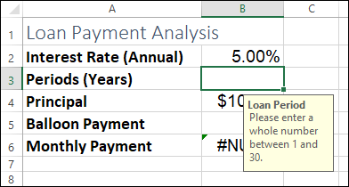 Snipped image of an Excel sheet displaying cell 1 labeled Loan Payment Analysis, followed by Interest Rate, Periods, etc. On the lower right portion is a box labeled “Loan Period” and “Please enter a whole number….”