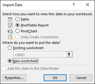 Import Data dialog box displaying radio buttons with PivotTable Report and New Worksheet being selected. At the bottom are properties, OK, and cancel buttons.