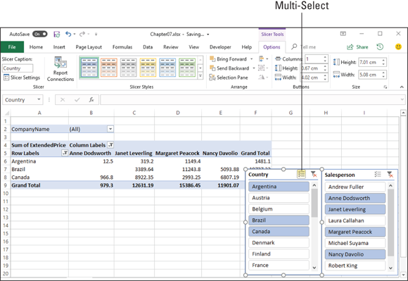 Excel displaying PivotTable with 2 slicers at the lower right for Country and Salesperson. Both slicers have multi-select button at the top right portion.