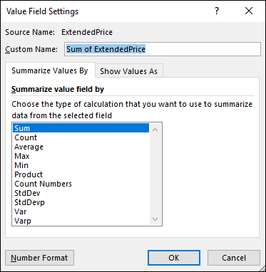 Value Field Settings dialog box displaying the text box labeled Sum of ExtendedPrice with the Summarize Values By tab having a list box with highlight on the Sum option.