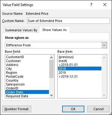 Value Field Settings dialog box with the Show Values As tab displaying drop-down box labeled Difference from for Show values as with highlighted options Order Date for Base field and 2018 for Base item.