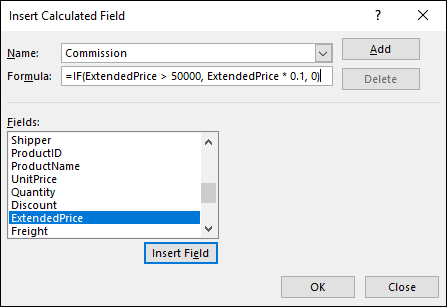 Insert Calculated Field Dialog box displaying drop-down box labeled commission for name, formula, with highlight on the ExtendedPrice option on the list box for Fields. Below that is a highlighted Insert Field button.