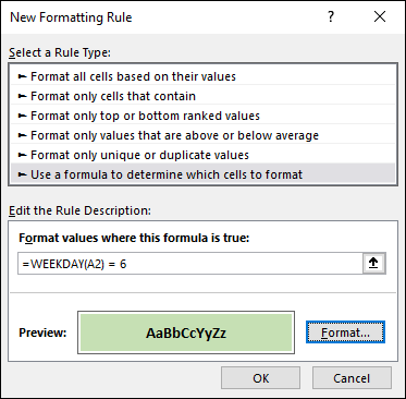 New Formatting Rule dialog box with panels labeled Select a Rule Type (selected Use a formula to determine which cells to format) and Edit the Rule Description with a Preview at the bottom having a Format button.