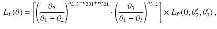 $$\begin{aligned} L_F(\theta )= \left[ \left( \frac{\theta _2}{\theta _1+\theta _2}\right) ^{n_{213}+n_{231}+n_{321}} \cdot \left( \frac{\theta _3}{\theta _1+\theta _3}\right) ^{n_{312}}\right] \times L_F (0,\theta _2', \theta _3') \, , \end{aligned}$$