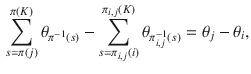 $$\begin{aligned} {\sum _{s=\pi (j)}^{\pi (K)} \theta _{\pi ^{-1}(s)}}-{\sum _{s=\pi _{i,j}(i)}^{\pi _{i,j}(K)} \theta _{\pi _{i,j}^{-1}(s)}}=\theta _j-\theta _i, \end{aligned}$$