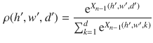 $$\begin{aligned} \rho (h',w',d')=\dfrac{\text {e}^{X_{n-1}(h',w',d')}}{\sum _{k=1}^{d}\text {e}^{X_{n-1}(h',w',k)}} \end{aligned}$$