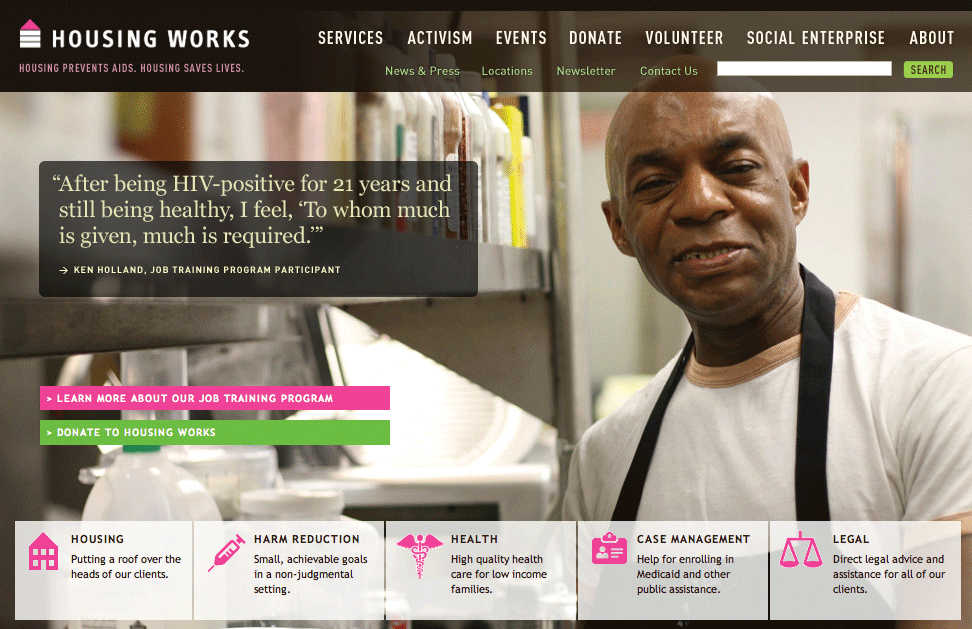 Screenshot of the Housing Works home page showing a photograph of a person helped by the project