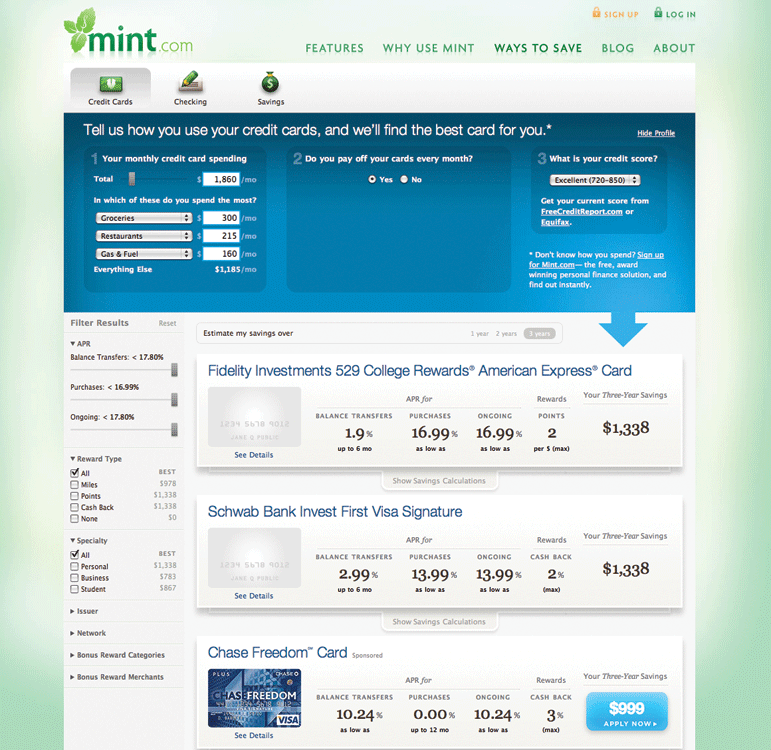 Screenshot of mint.com interface