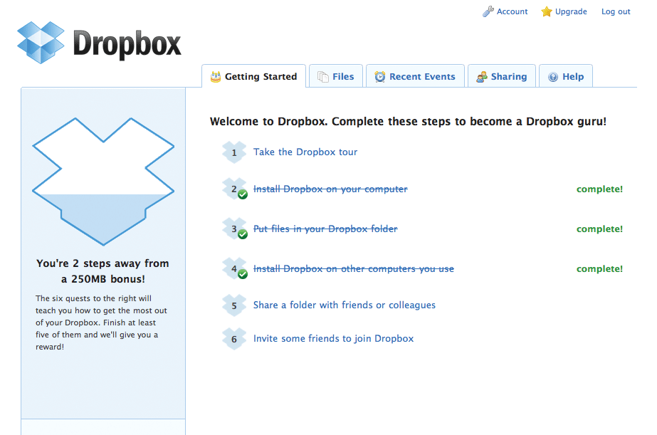 Screenshot of dropbox.com showing steps to winning a bonus