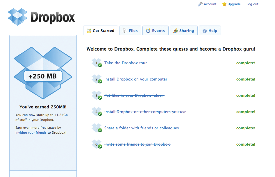 Screenshot of dropbox.com after completing bonus