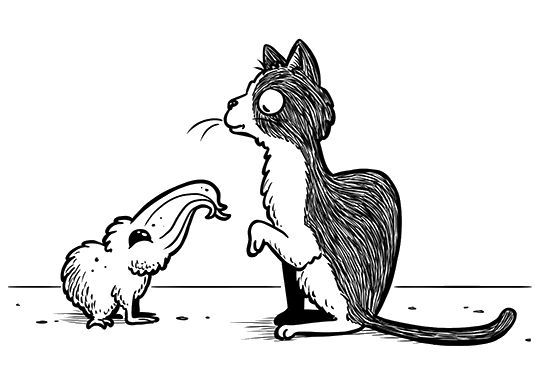 illustration of a cat with one paw lifted and a smaller alien creature