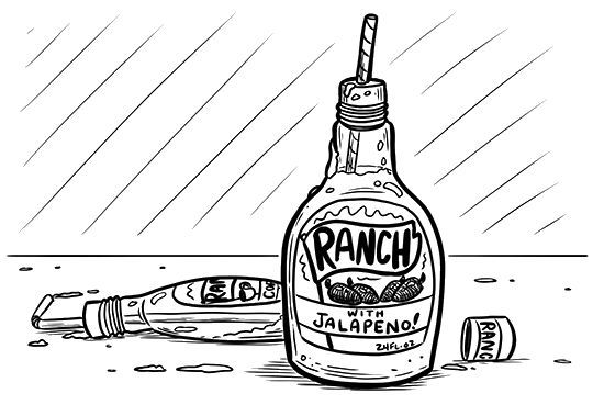 image of bottles of ranch dressing with jalapeno with drinking straws in them