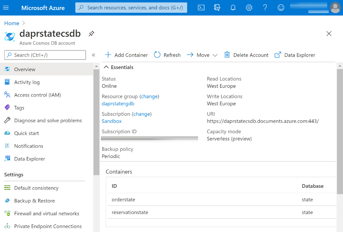 Figure 4.3 – Azure Cosmos DB configured with containers
