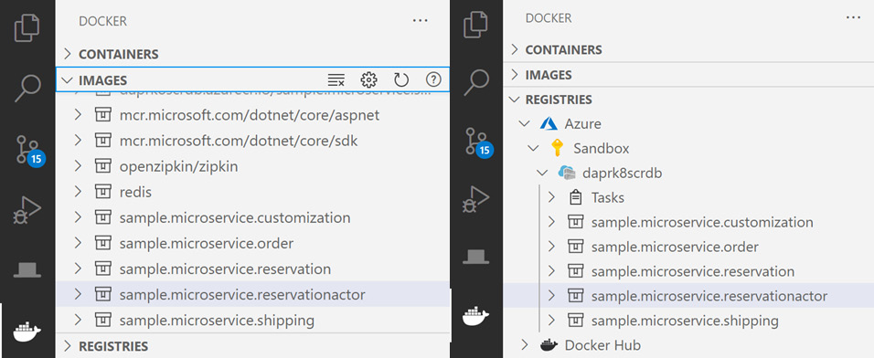 Figure 8.3 – Local images and Azure Container registry in VS Code
