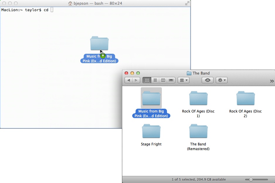 Dragging a folder from the Finder to a Terminal window saves you from having to type in long and complex paths