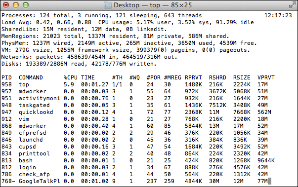 The top command shows processes running, sorted by CPU usage