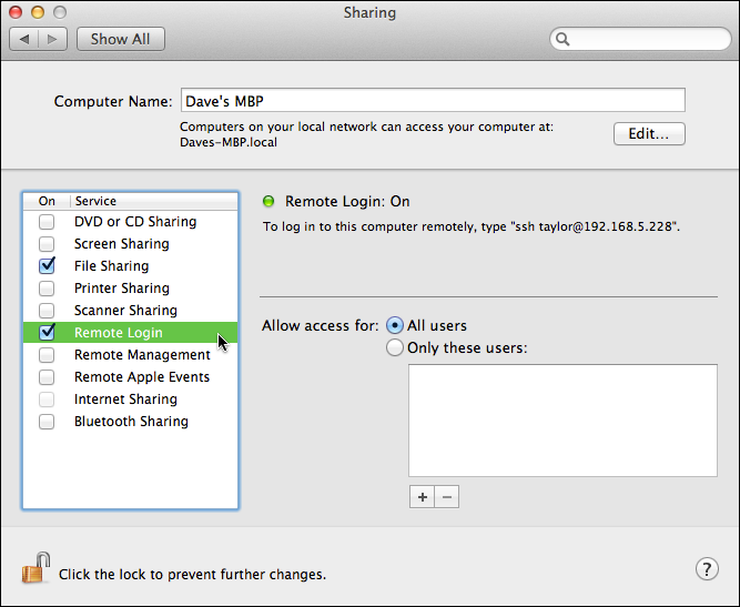 Enabling Remote Login in the Sharing preferences panel