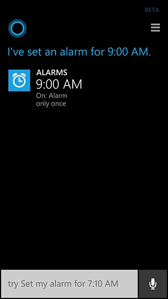 Cortana confirming a voice-requested alarm