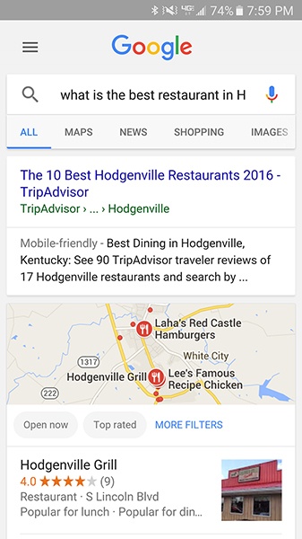 Google showing the best restaurants in the town in which Abraham Lincoln was born