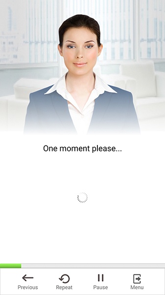 Sensely avatar says “One moment please,” displays the message, and shows the loading GIF