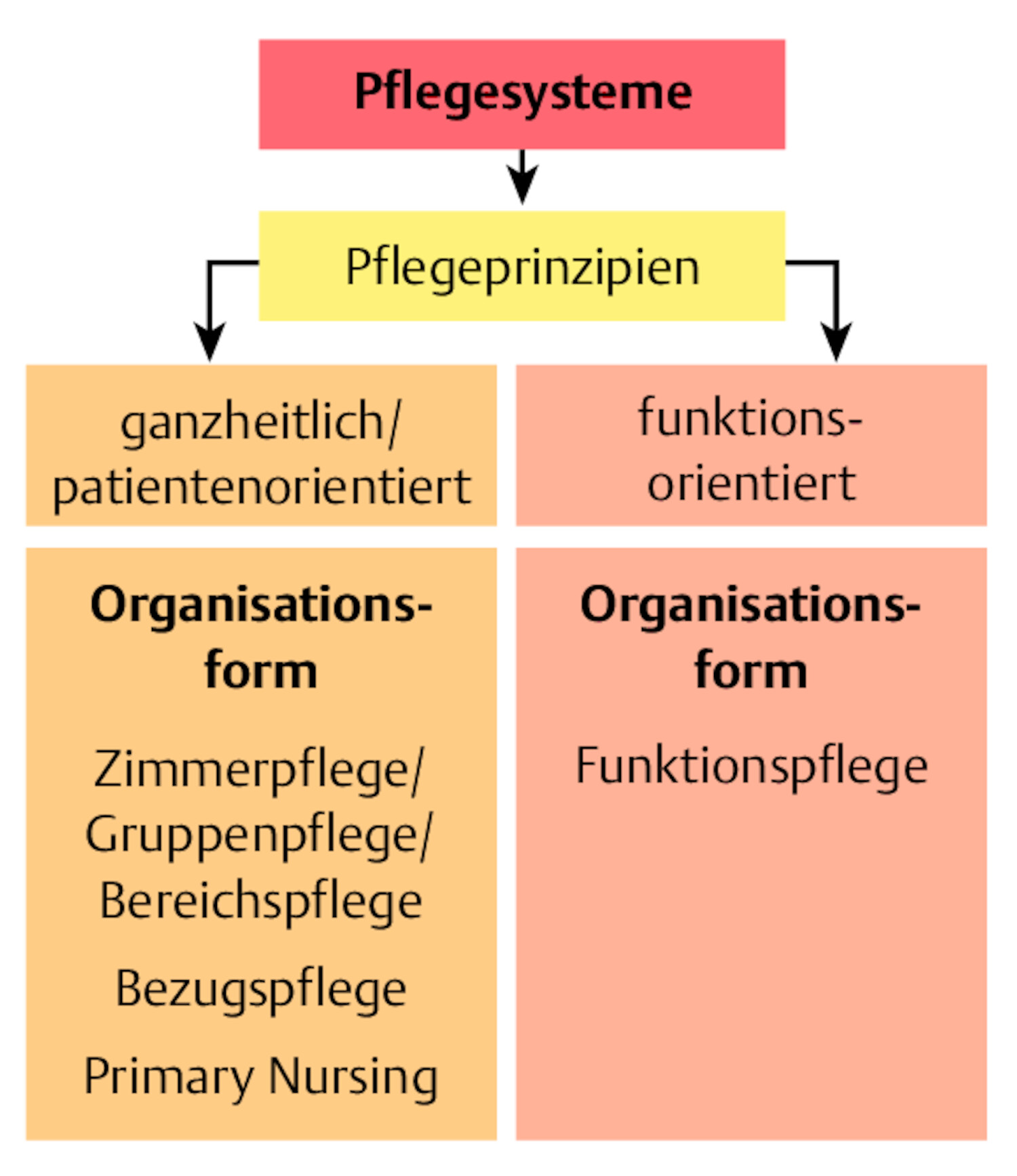 Aufteilung der Pflegesysteme und ihre Zuordnung in der Organisationsform.