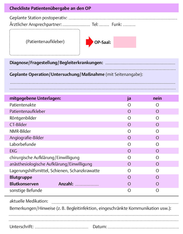 Checkliste Patientenübergabe an den OP.