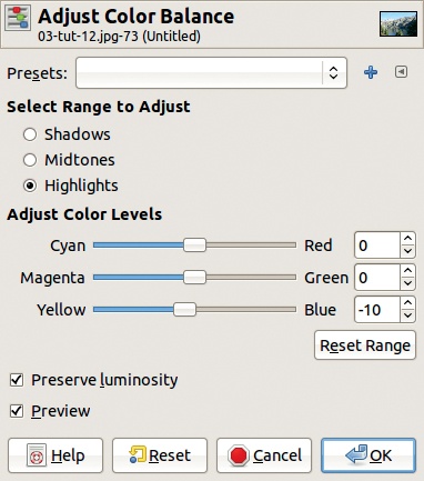 The Color Balance dialog