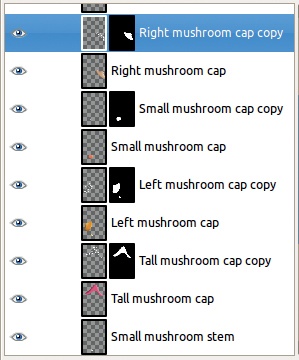 Each mushroom cap has an additional layer with a layer mask.