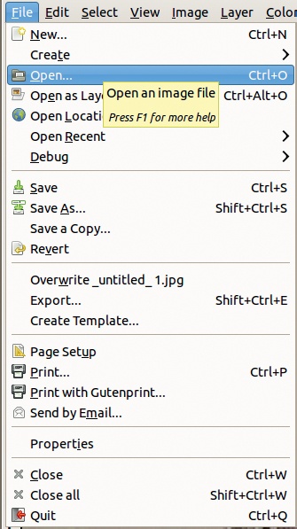 The Image: File menu