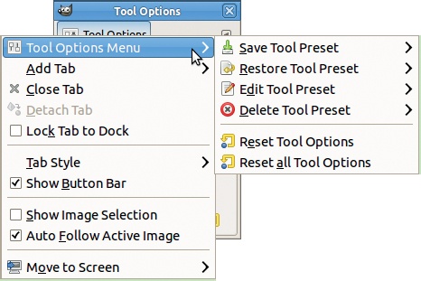 The menus for an options dialog