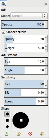 The Ink tool options