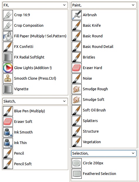 Predefined tool presets